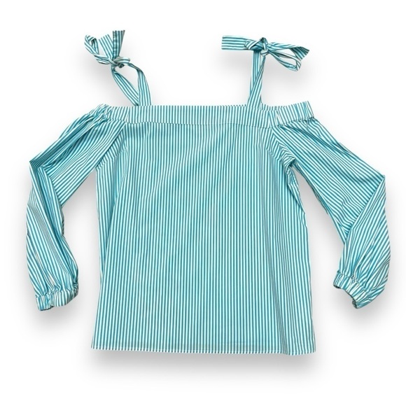 Michael Kors Blue Turquoise White Striped Off Shoulder Top - Medium - Picture 1 of 7